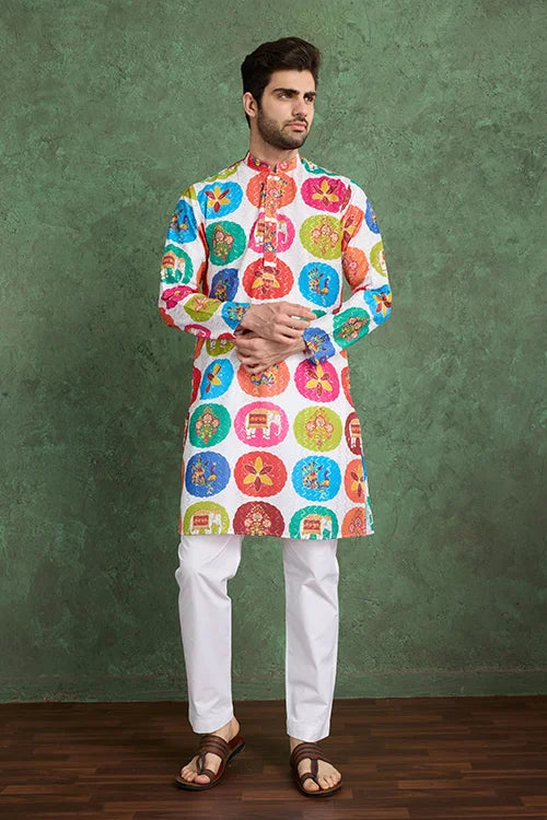 Multi Color Print with Embroidered Kurta and Pajama for Men