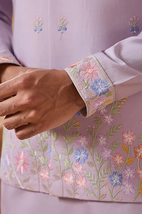 Trendy Lavender Wedding Celebration Beige Kurta Koti Pant Mens