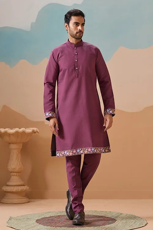 Dusty Color Embroidered Koti Kurta with Pant for Mens