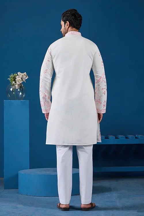 Classic White Viscose Silk Festive Kurta for Mens