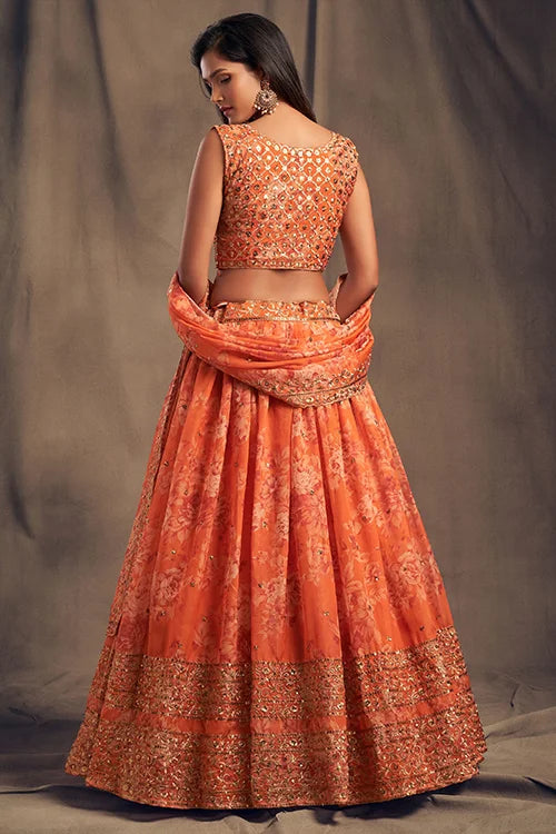 Beautiful Sequins Zari Embroidery Lehenga Choli Orange Colour