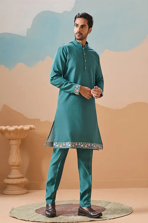 Wedding Party Outfit Rama Green Kurta Koti Pant for Men
