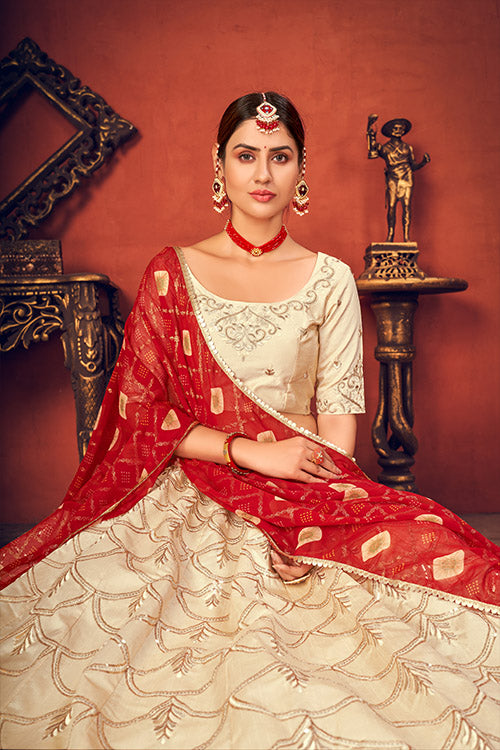 Beige Art Silk Thread with Sequance Embroidered Lehenga Choli