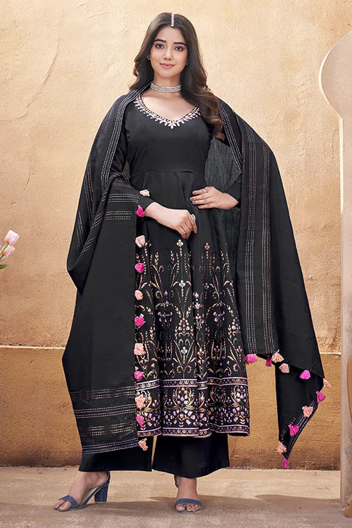 Black Multi Color Foil Work Wedding Salwar Suit