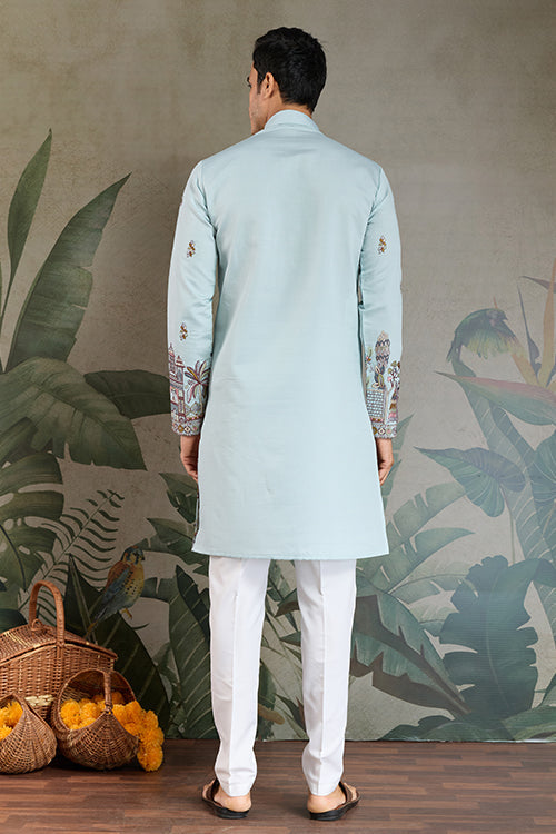 Wedding Special Sky Color Kurta And Dupatta For Men