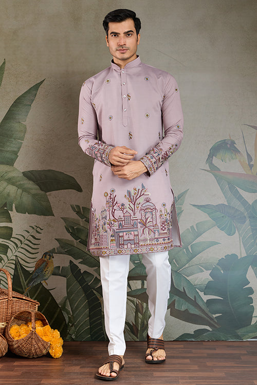 Premium Dusty Pink Color Embroidered Kurta With Pajama Set For Men