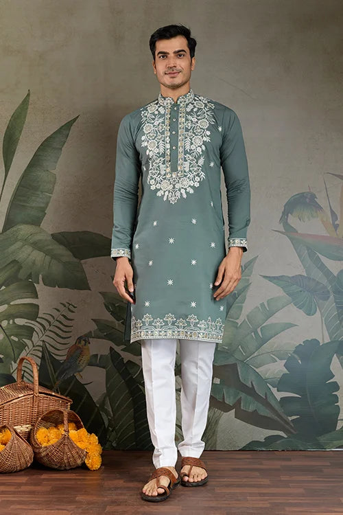 Pastel Pista Viscose Silk Embroidered Kurta for Men