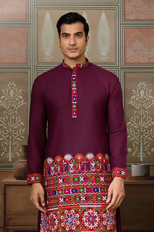 Navratri Wine Cotton Kurta for Mens with Pajama