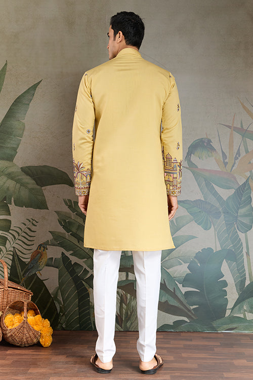 Haldi Special Yellow Embroidered Kurta Pajama Set For Men