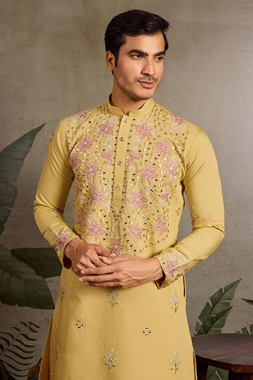 Haldi Special Outfit Mirror Work Mens Kurta Set