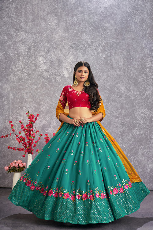Firozi Blue Georgette Sequins Embroidery Work Lehenga Choli