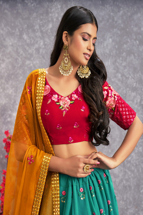 Firozi Blue Georgette Sequins Embroidery Work Lehenga Choli