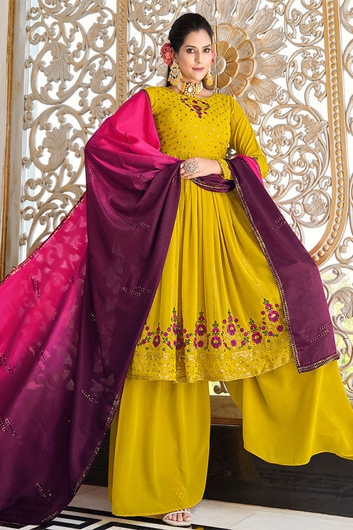 Floracance Green Georgette Thread And Sequins Embroidered Kurta Palazzo Set