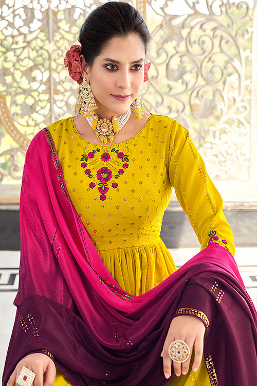Floracance Green Georgette Thread And Sequins Embroidered Kurta Palazzo Set