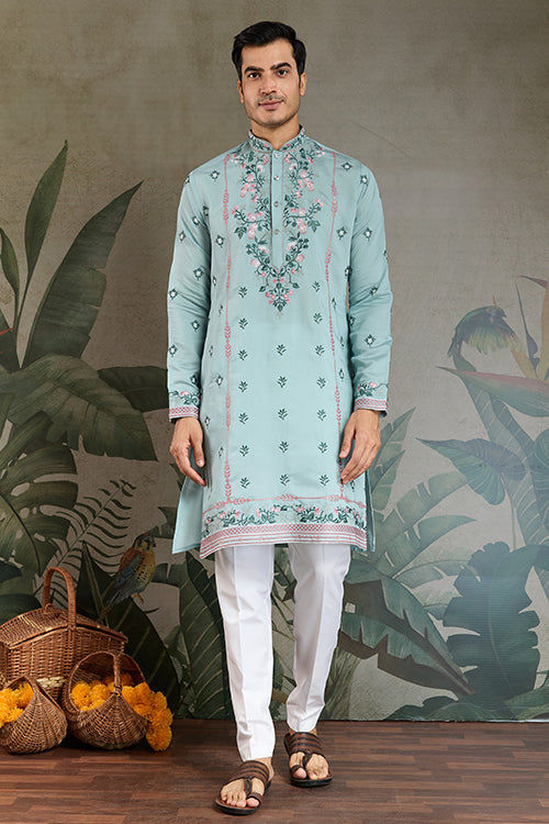 Sky Color Embroidered Kurta Pajama For Men