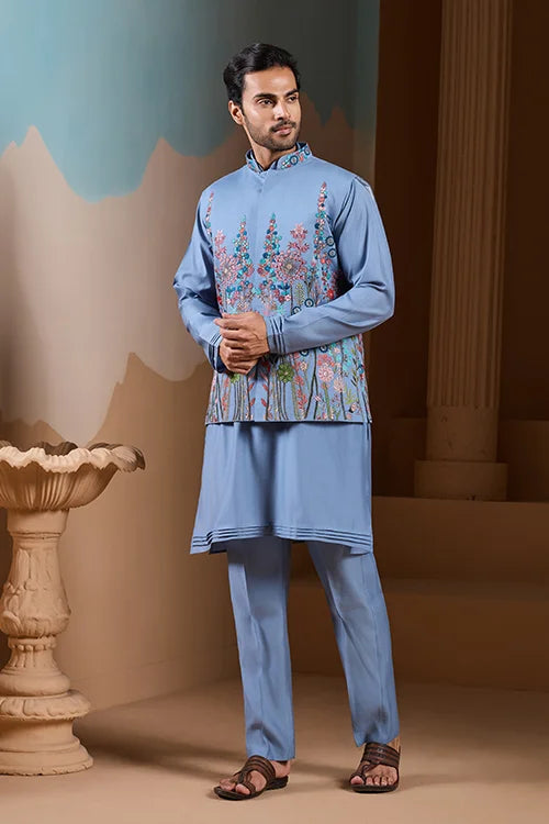 Vibrant Sky Blue Koti Kurta Pajama for Mens Outfits