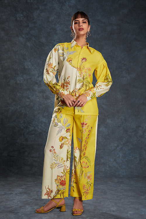 Yellow Linen Print Work Co-Ord Set