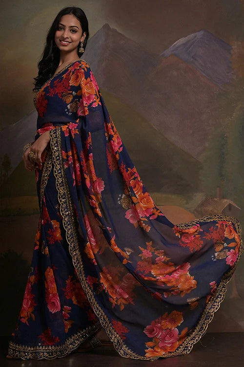 Designer Blue Georgette Saree with Lace Border Work