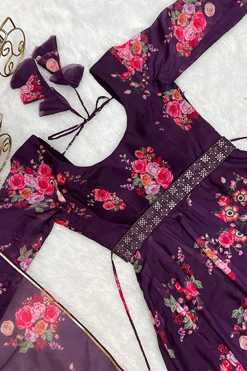Buy Wine Color Floral Printed Organza Anarkali Suit Online