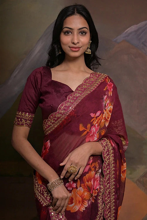 Wine Georgette Saree with Embroidery & Lace Border