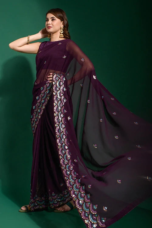 Wedding Georgette Saree with Sequin Flower Design