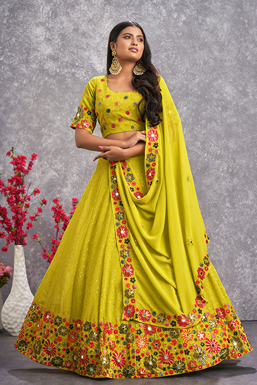 Fluorescent Green Georgette Sequins Embroidery Work Lehenga Choli