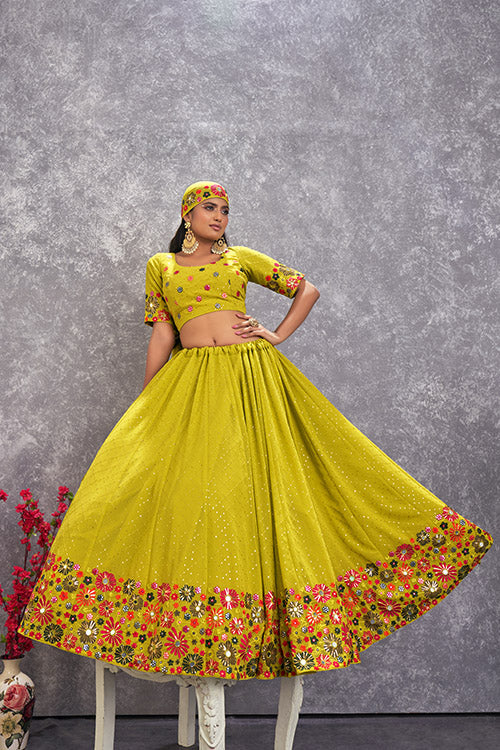 Fluorescent Green Georgette Sequins Embroidery Work Lehenga Choli