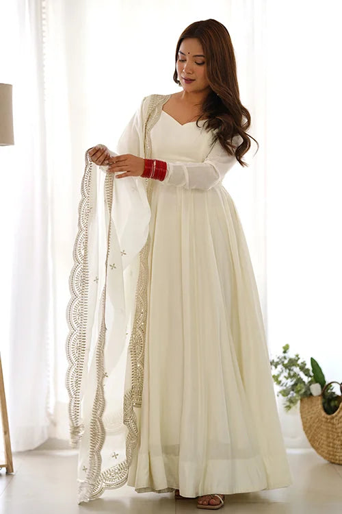 Ready to Wear Off White Pure Roman Silk Anarkali Gown with Dupatta
