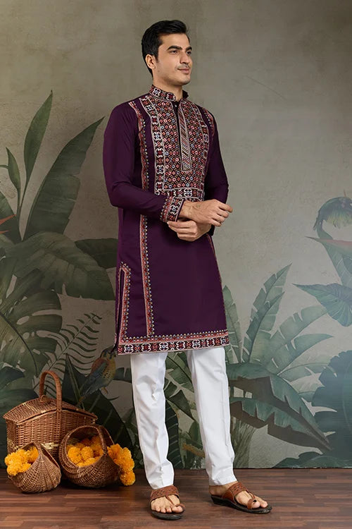 Engagement Special Purple Viscose Silk Outfit Kurta for Men