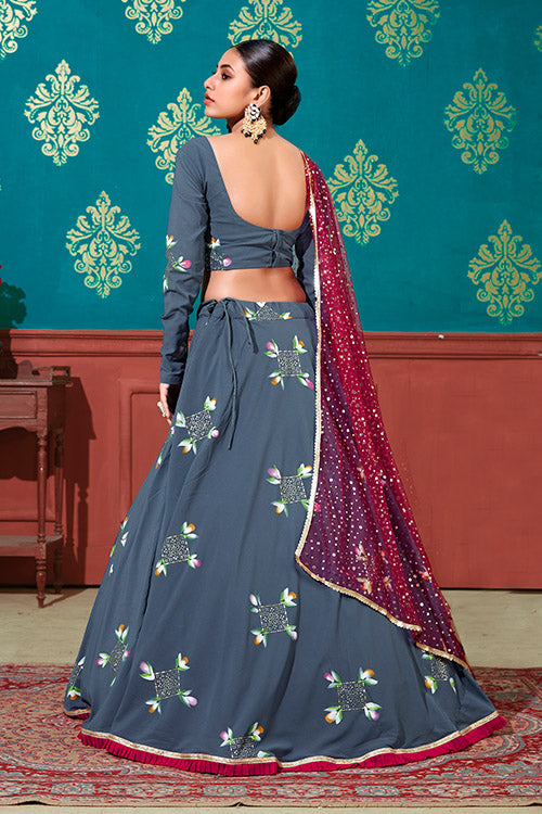 Blue Georgette Pigment Foil Printed Work Lehenga Choli