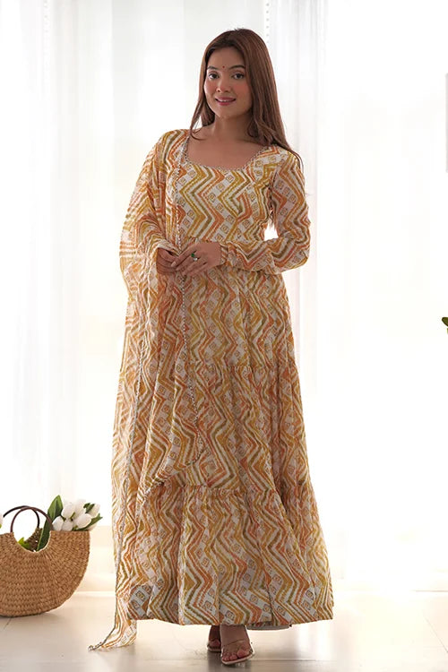Pure Soft Fox Light Yellow Georgette Zigzag Print Anarkali Set for Women