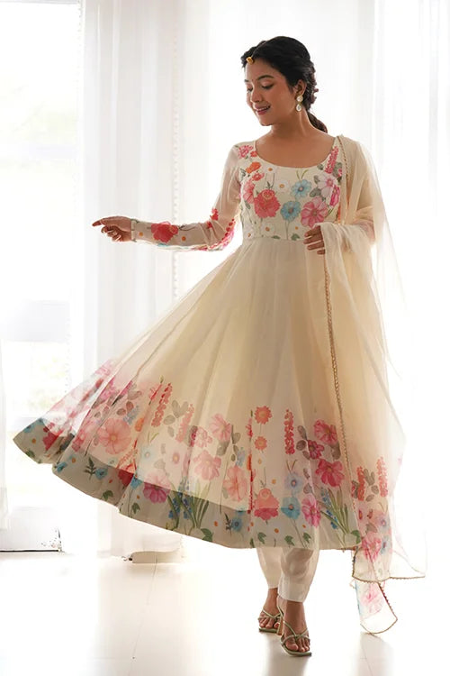 Cream Floral Printed Organza Anarkali Suit Set Collection