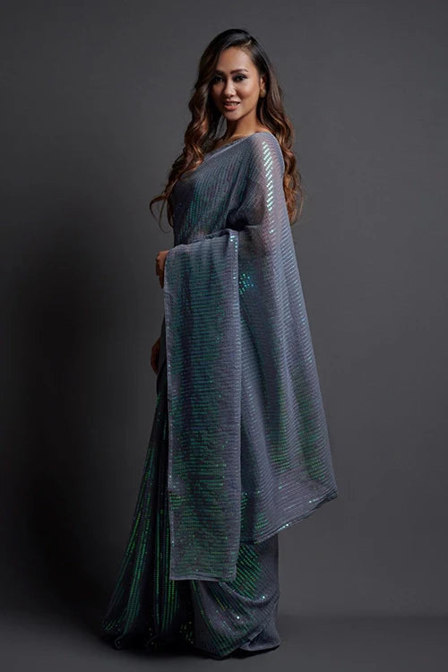 Bollywood Designer Grey Georgette Silk Saree Online