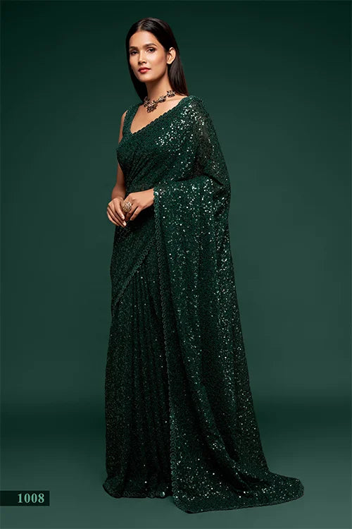 Stunning Deep Green Sequins Georgette Festival Wear Saree With Blouse