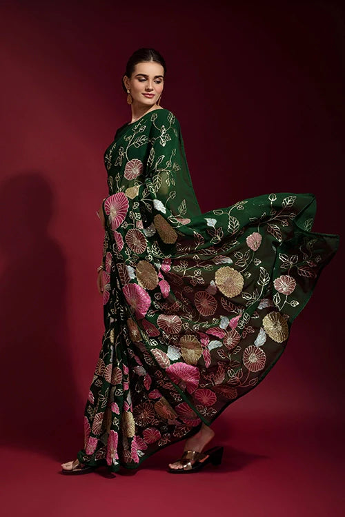 Stylish Green Georgette Saree with Thread Work