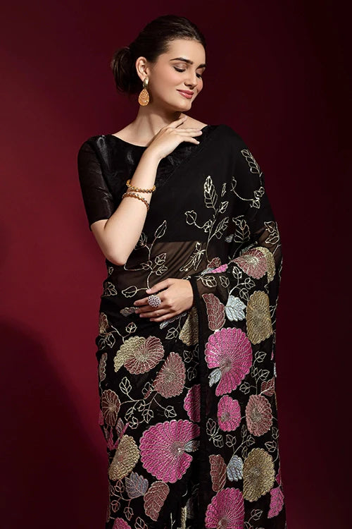 Black Georgette Partywear Saree with Thread Embroidery