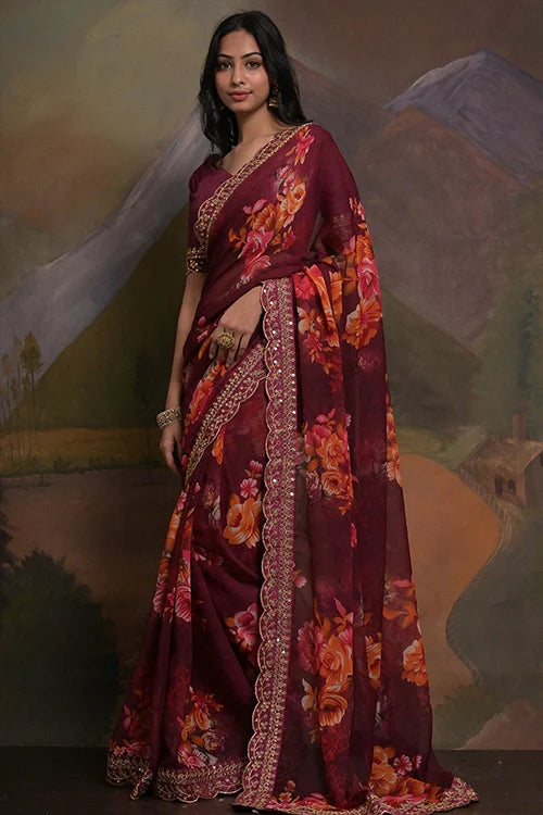 Wine Georgette Saree with Embroidery & Lace Border