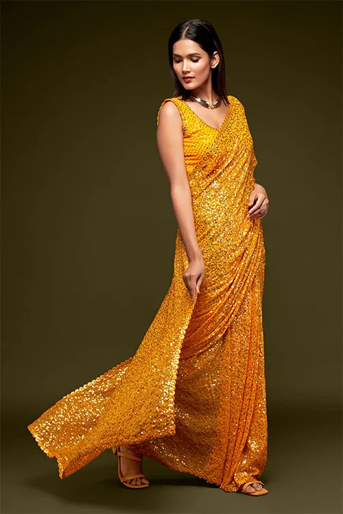 Attractive Honey Yellow Sequins Georgette Festive Wear Saree With Blouse