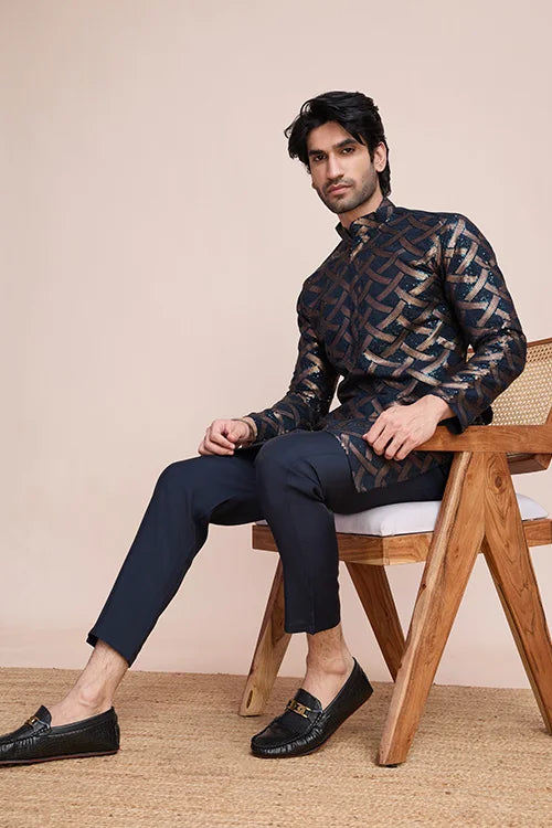 Navy Designer Silk Kurta With Thread Work