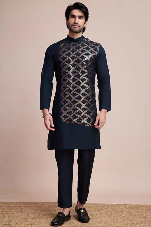 Traditional Embroidered Navy Silk Kurta For Men