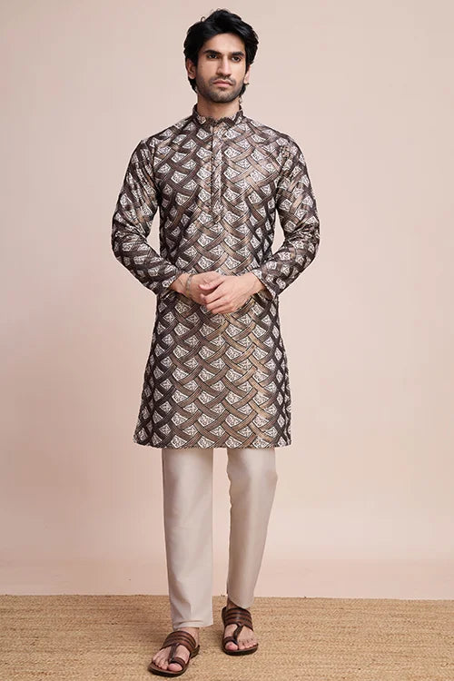 Designer Beige Silk Kurta For Men - Festival Ready Wear
