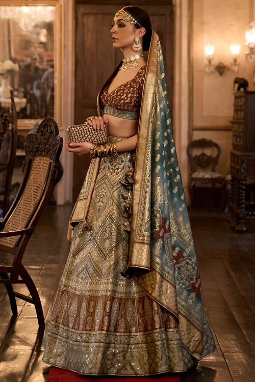 Embellished Flared Golden Grey Lehenga Choli With Silk Dupatta