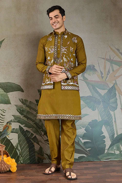 Golden Olive Open Koti Style Kurta Pajama Set for Men