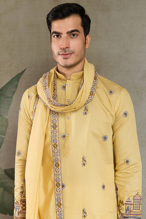 Haldi Special Yellow Embroidered Kurta Pajama Set For Men