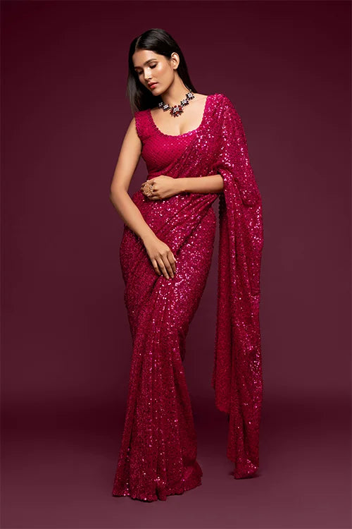 Attractive Hot Pink Sequins Georgette Festive Wear Saree With Blouse