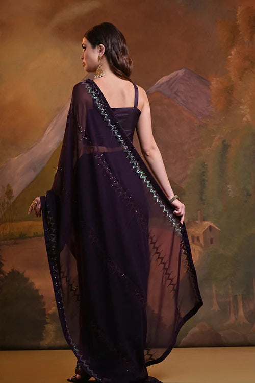 Gorgeous Purple Georgette Saree with Sequins Work