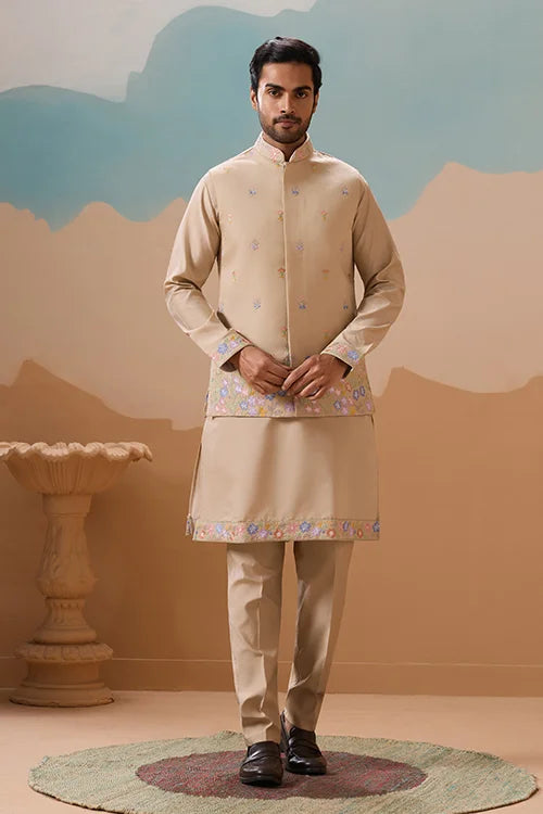 Celebration Beige Kurta Koti Pant Wedding Outfit for Men