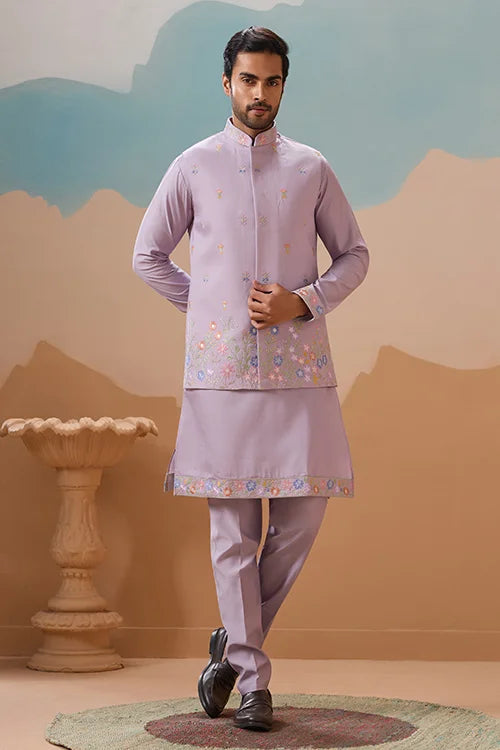 Trendy Lavender Wedding Celebration Beige Kurta Koti Pant Mens
