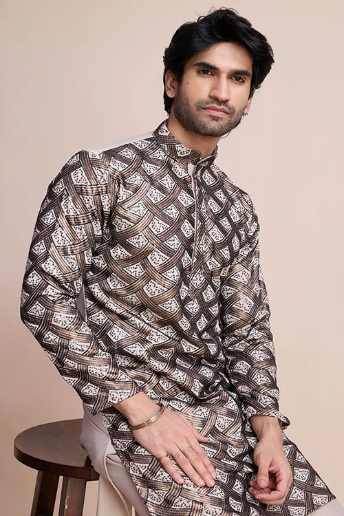 Designer Beige Silk Kurta For Men - Festival Ready Wear