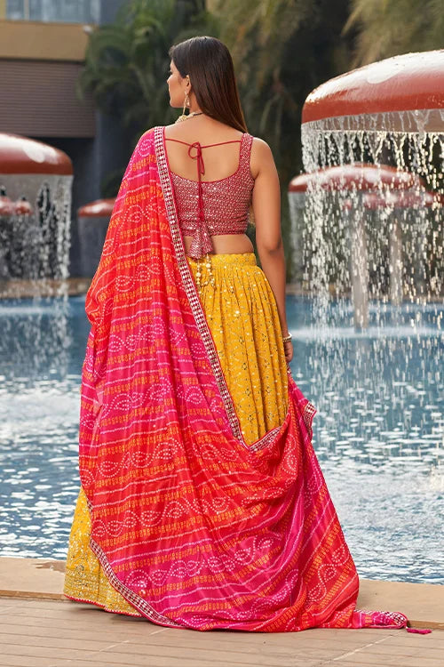 Greatfull collection In Marriage Season Lehenga Cholin With A Dupatta Yellow-Pink Colour